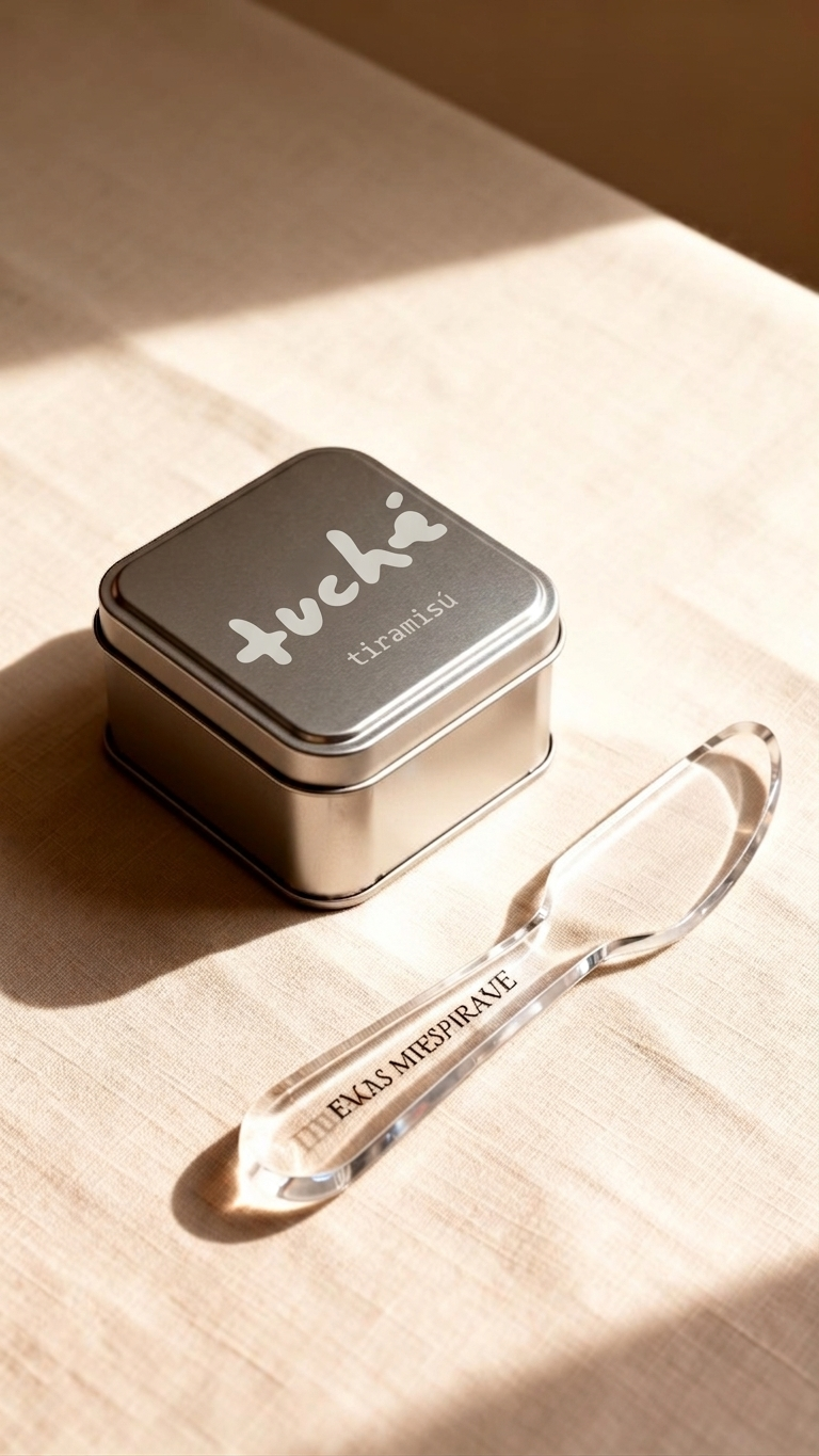 Caja metálica plateada de tuché con paleta acrílica grabada